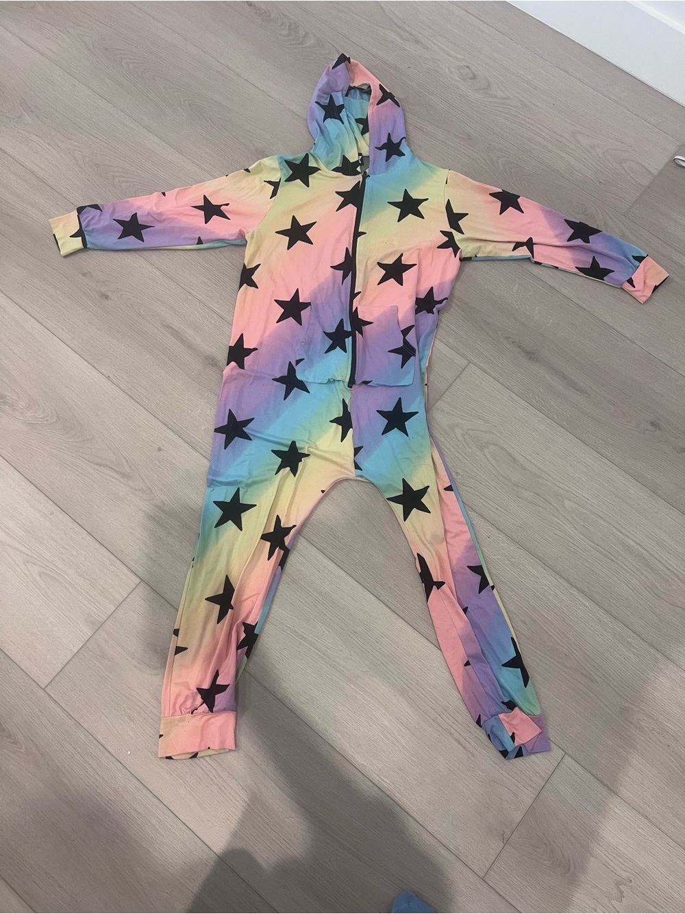 Kids Rainbow Gradient Hooded One-Piece with Black Star Print